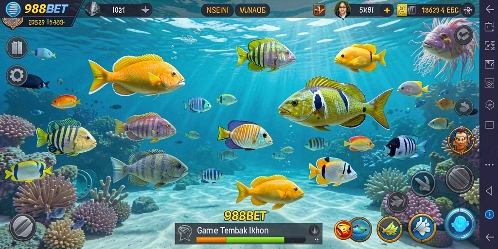 Screenshot gameplay 988BET yang menunjukkan aksi menembak ikan.