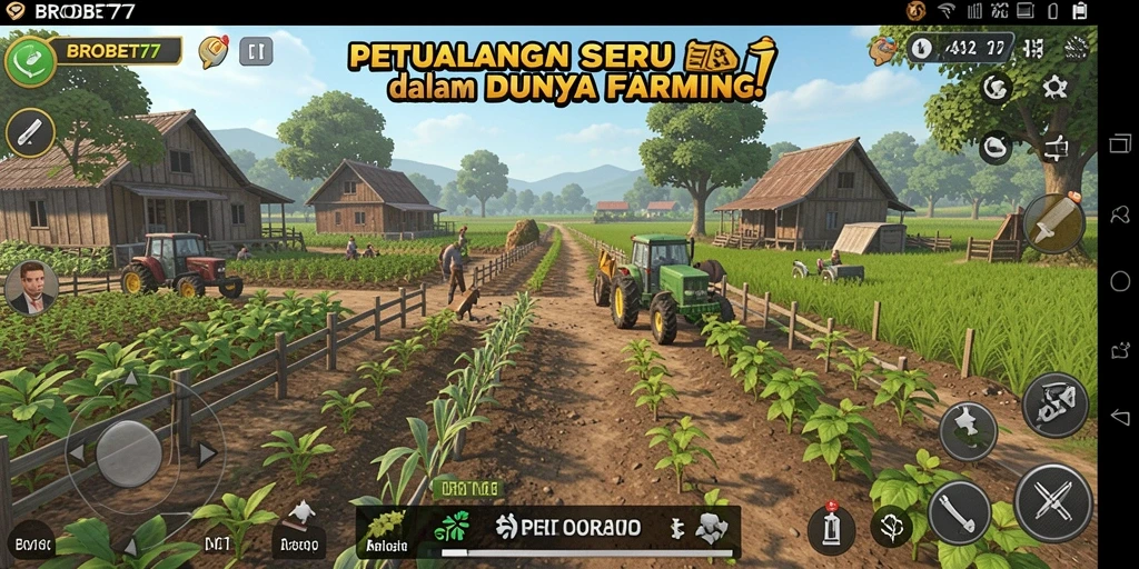 Gameplay BROBET77 menampilkan ladang subur dengan tanaman dan hewan yang hidup.