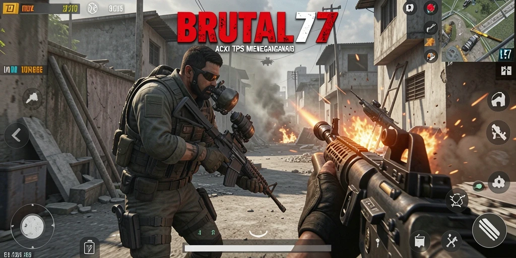 Screenshot BRUTAL77 menampilkan aksi pertempuran yang mendebarkan