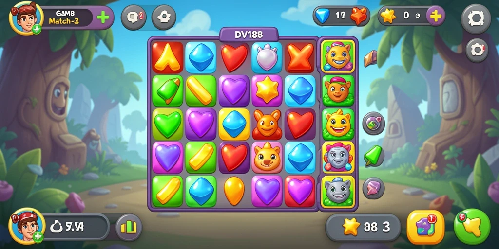 Screenshot gameplay DV188 dengan permata berwarna-warni yang seru.