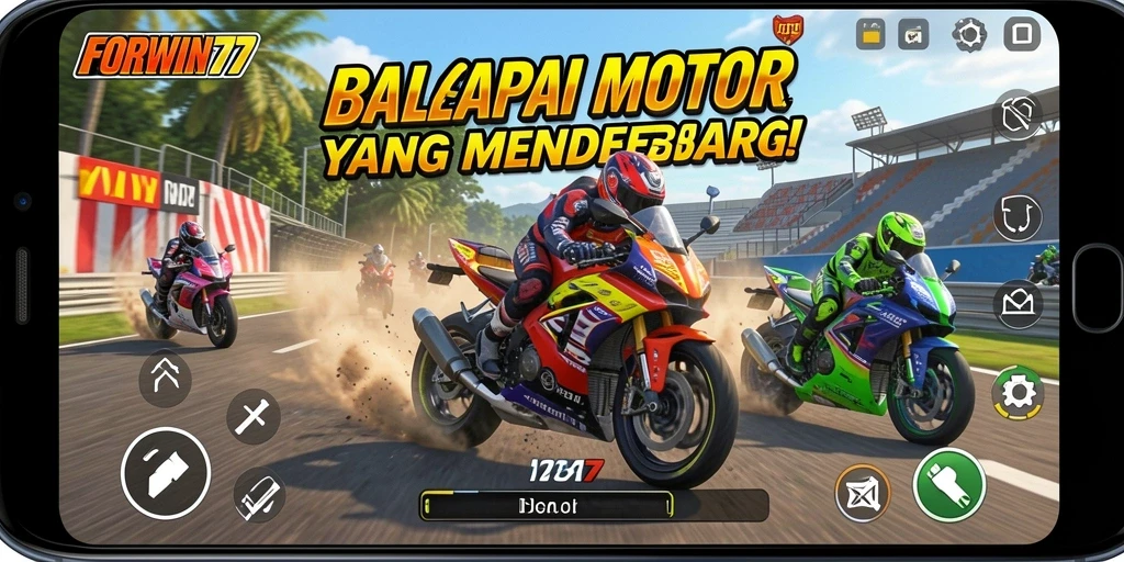 Tampilan gameplay seru FORWIN77 saat balapan motor.