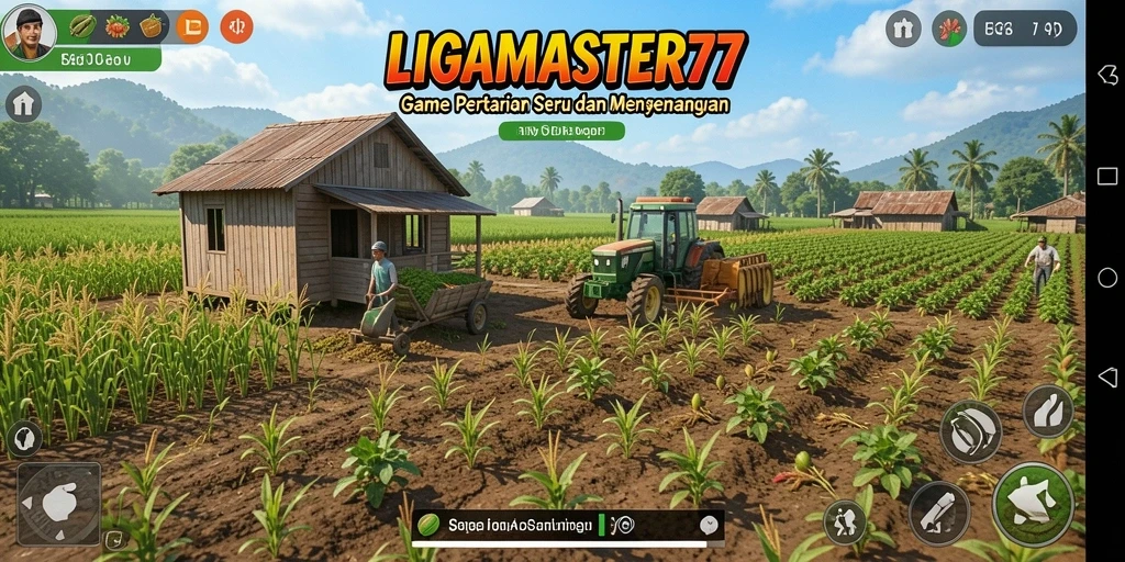 Tampilan gameplay LIGAMASTER77 yang menampilkan pertanian virtual.