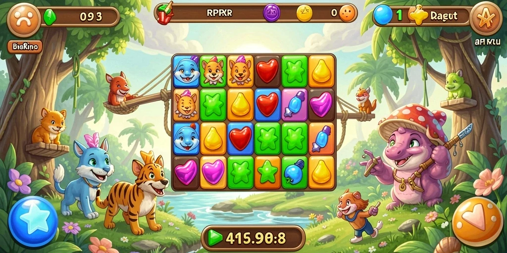 Screenshot RPRR menunjukkan gameplay seru dan penuh warna dari tantangan Match-3.